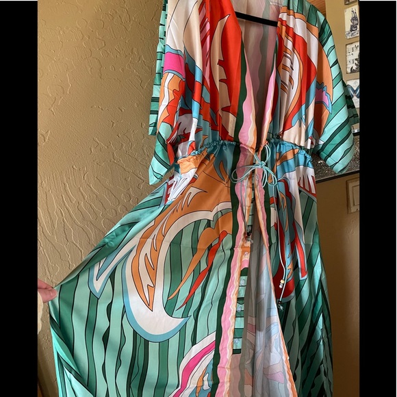 Bohemian Emerald Hippie Print Summer Beach Slit Maxi Dress In Green Mixed Media - Picture 5 of 6